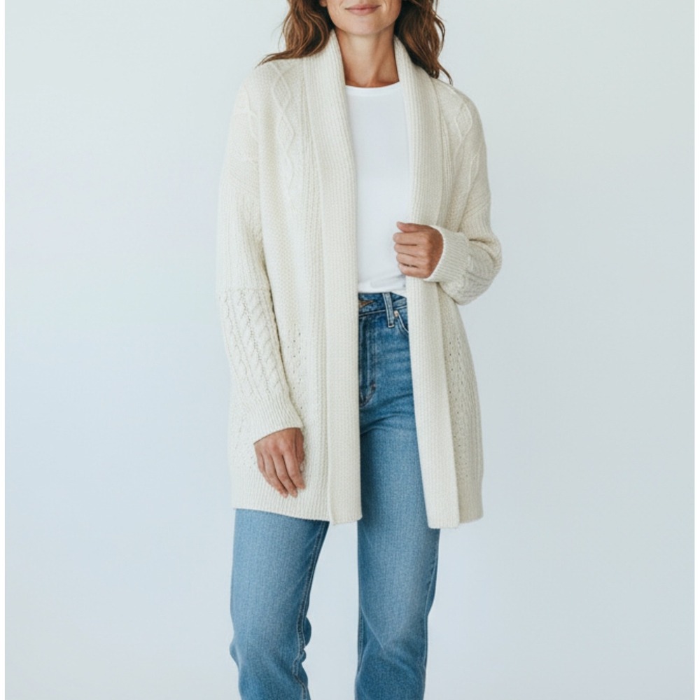 Joie Cream Cable Knit Shawl Collar Open Front Long Sleeve‎ Cardigan Sweater Sz S